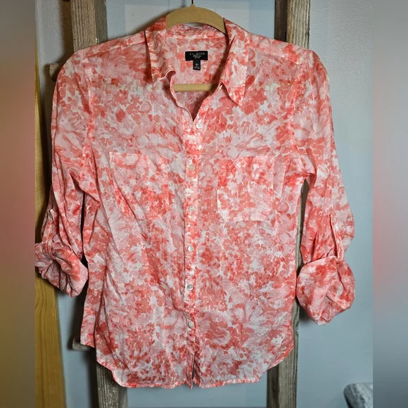 Talbot's CORAL and White Button-Up Blouse 12P - Picture 1 of 5